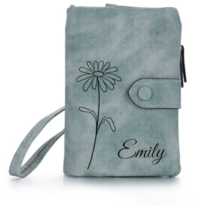 OTXIXTO Billeteras de Cuero Personalizadas para Mujer Flor de Nacimiento Billetera con Nombre con Cremallera Monedero con Correa para Muñeca Damas Billetera para Novia Esposa Día de Madre - Azul-verde
