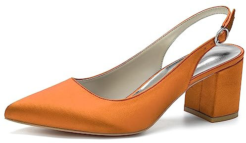 HFWXYSA Donna Punta Chiusa Scarpe da Sposa con Tacco Largo in Raso Slingback Scarpe da Matrimonio Festa A Punta Sandali,Arancia,40 EU