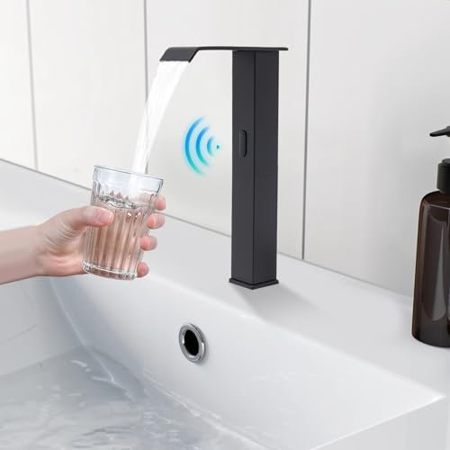 KiwiHood Grifo automático con sensor de infrarrojos negro, 31 cm de alto, sin contacto, grifo de lavabo con caño de cascada y válvula de temperatura ajustable para cocina y baño (negro)