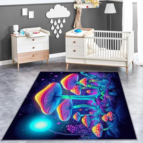 Teppich Wohnzimmer 160 x 230 cm Teppich Waschbar, Fantasielandschaft leuchtende Pilze Pflegeleicht und Weich - Ideal für Schlafzimmer, Esszimer und als Küchenteppich Lila