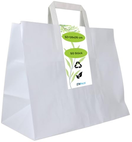 Enpack - 50 Papiertüten weiß mit Henkel - Geschenktüten für kleine Geschenke 32+16x26 cm - Papiertragetaschen aus Kraftpapier - Braune Papiertüten - Papier Geschenktaschen zum befüllen