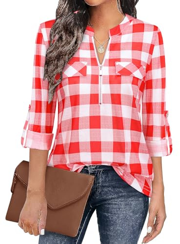 Siddhe Chemisier à col en V pour femme - Manches 3/4 - Tunique - Fermeture éclair - T-shirt à manches longues - Tunique, Rouge et blanc à carreaux, XL
