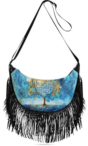 GAIREG Fransen-Crossbody-Geldbörsen für Damen, Quaste, Crossbody, Boho-Geldbörse, Western-Ledergeldbörse, Geometriebaum in Blau