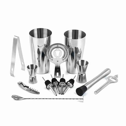 Shaker Cocktail, Set Cocktail 14 Pezzi in Acciaio Inox, Kit Barista Professionale con Shaker, Jigger, Cucchiaio, Pestello e Filtri – Set da Bar per Miscelare Bevande,Bar, Casa, Feste