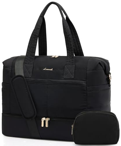 LOVEVOOK Reisetasche Damen, Weekender Handgepäck Tasche Puffer Kliniktasche Geburt Krankenhaustasche, Groß Travel Duffle Bag mit Schuhfach & Kulturtasche, Sporttasche für Flugzeug Reise, Schwarz