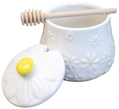 White Daisy Honey Pot & Drizzler Ceramic Embossed Flower Storage Jar Wood Dipper