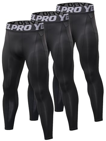 Yuerlian 3 Pack Black Mens Running Leggings Compression Athletic Breathable Base Layer Pants Gym Workout Trousers Sport Fitness Training Jogging Sparring Tights