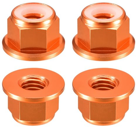 sourcing map Sechskant-Kontermuttern mit Nylon-Einsatz, M8 x 1,25 mm, Aluminiumlegierung, selbstsichernde Mutter, eloxierte Flansch-Kontermutter für Befestigungselemente, Orange, 4 Stück