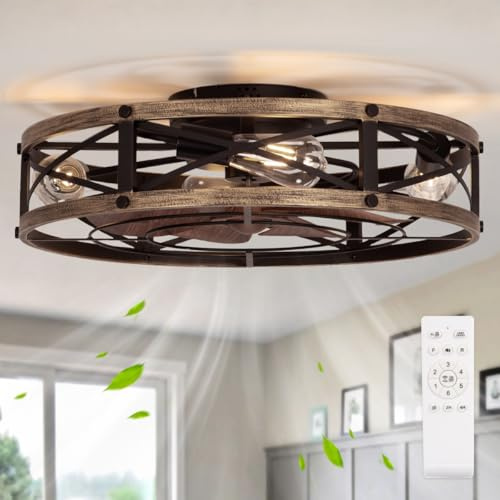 SHLUCE 22 Farmhouse Ceiling Fan with Light, Rustic Caged Bladeless Low Profile Ceiling Fans with Lights and Remote, Modern Flush Mount Ceiling Fans with Lights for Bedroom, Living Room - ETL
