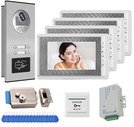RFGTHY 7 Inch Video Door Phone Doorbell Intercom System + RFID Access Control Camera For 2/3/4 Multi/Family Apartment Electric Lock Easy Installation(530-V70C-4)