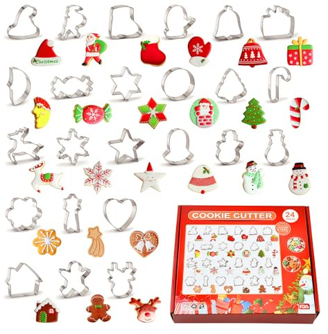 EHIOG 24 Pieces Christmas Cookie Cutters Set, Stainless Steel Biscuits Baking Mould- Gingerbread Man,Snowman,Christmas Tree,Santa Reindeer,Stainless Xmas Baking Accessories
