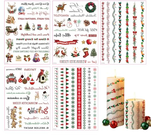 YOFDAL 5 x Kerzentattoos Weihnachten,Kerzen Folie Weihnachten,Kerzen Verzieren,Wassertransferdruck,Kerzentatoos Weihnachten,Kerzenaufkleber,Kerzen Gestalten,DIY Kerzen