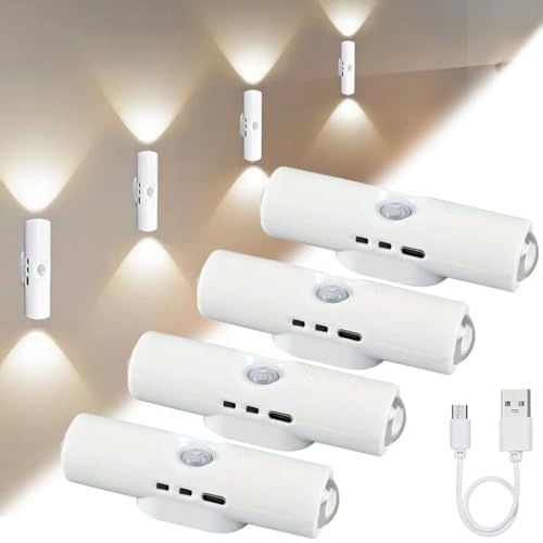 FiTspi 4-pack rörelsesensor uppladdningsbar vägglampa, 3 färger uppladdningsbar LED-skåplampa, USB magnetisk fastsättningssensor steg nattlampa för trappor, vardagsrum, badrum, hall, underskåp