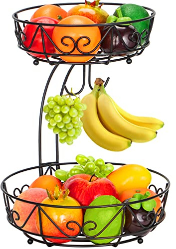 LYMGRZ Frutero metálico de Dos Niveles con Estante para Frutas: Mantiene la Fruta y la verdura Frescas con Colgador Tipo plátano (Negro)