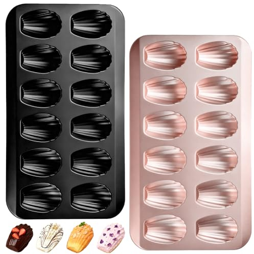 2 moldes para repostería Madeleines en forma de concha, antiadherente, acero al carbono, 12 huecos por molde, para horno, chocolate, brownies, galletas, color negro y dorado champán