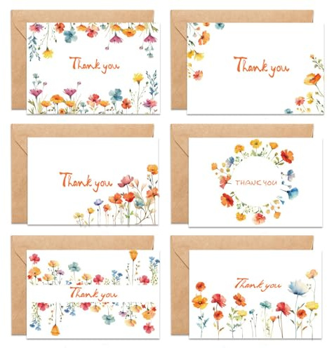 12 Biglietti di Ringraziamento Floreali con Buste, Thank You Card con 6 Disegni di Fiori di Campo, Biglietto di Auguri Vuoto, per Insegnanti, Famiglia, Matrimonio, Amici, Laurea, Bambini, Adulti