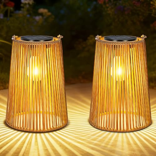 OUTONLIFE 2 Pack Solar Lanterns Outdoor Waterproof, Hanging Rattan Woven Solar Lights with Auto On/Off, Decorative Gifts for Garden, Yard, Patio, Tree, Porch, Lawn, Pathway & Outside Tabletop Decor