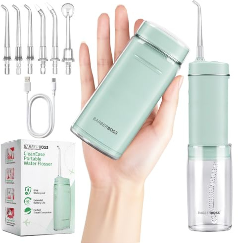 BarberBoss Travel Water Flosser, Pocket Flosser with 3 Pressure Settings, 6 Tips (3 Standard, Orthodontic, Periodontal, Tongue Cleaner), Portable Cordless Oral Irrigator, QR-7115 (Green)