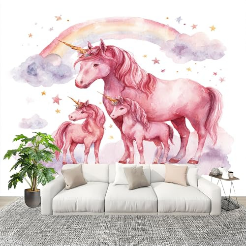 Wanddekoration Fototapete 300x210 cm Einhorn Aus Einem MäRchen Wasserfest Abnehmbar Nahtlos nicht überlappend Wandtapete Rosa Wohnzimmer Schlafzimmer Sofa Hintergrundwand Wandtattoo