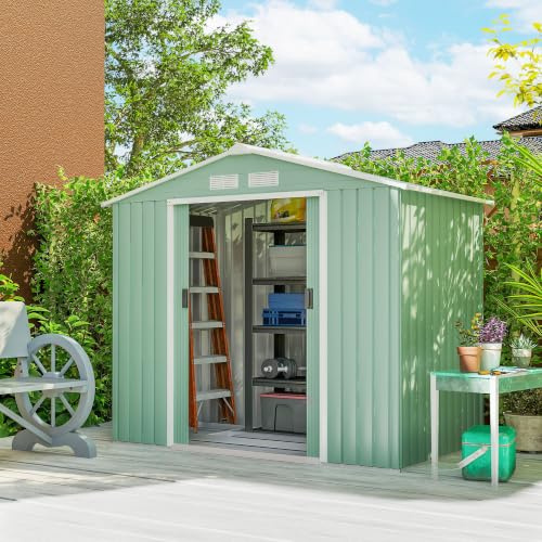 Outsunny Caseta de Jardín Exterior 2,5 m² 213x130x185 cm Verde Claro | Cobertizo de Jardín Exterior Metálico, 2 Puertas Correderas, 4 Ventanas, Base Refuerzo (Suelo NO Incluido)