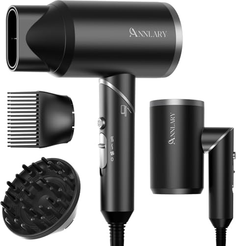 ANNLARY Hair Dryer with Comb | 1800W Blow Dryer with Diffuser for Curly Hair | Plasma Ionic Hairdryer for Frizz Control | Foldable & Protable Design for Travel | 6.5 ft ALCI Cord
