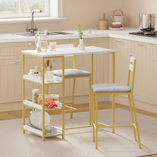 Thaookte Bartisch Set 3-Teilig, Küchentisch Mit Stühlen Für Küche, Esszimmer, Bistro, Etc. Bartisch Mit Barhocker Set, Esstisch Und 2 Stühle Mit Rückenlehne Und Polsterung Für 2 Personen, Weiß