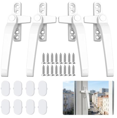 Window Handle, 4 Pcs Window Handles for Upvc Windows with Screws, Upvc WindowHandle Replacement Right/Left Handles for Windows and Sliding Doors, Easy Installation (White)
