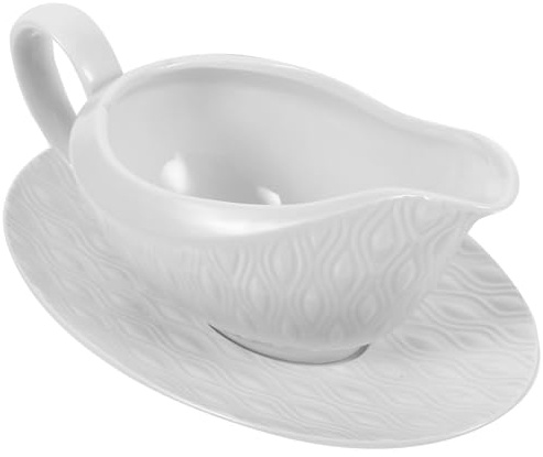 OATIPHO Salsera de Cerámica con Asa 255 Ml Color Blanco 8.5 Oz con Plato Base, Recipiente para Salsa y Leche, Adecuado para Cocina, Restaurante y Servir en Hogar
