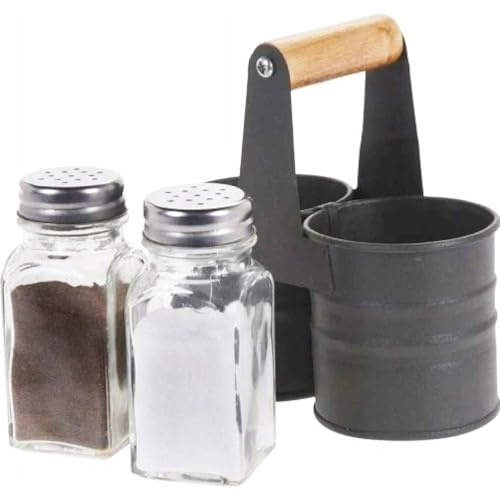 Industrial Salt and Pepper Shakers with Holder, Salt & Pepper Pots with Metal Stand and Carry Handle, Glass Cruet Set