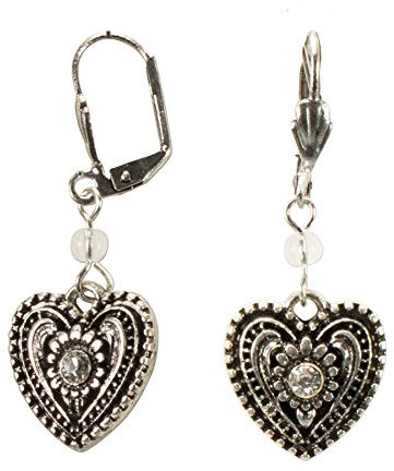 Alpenflüstern Trachten-Ohrhänger Strass-Herz - Damen-Trachtenschmuck, Trachten-Ohrringe Trachtenherz mit Strass-Stein (antik-silber-farben) DOR038