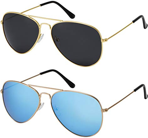 La Optica B.L.M. Unisex solglasögon UV400 CAT3 pilotglasögon retro – färger, enkel, dubbelpack, Uppsättning av 2 guld, glas: grå/turkos speglad, M