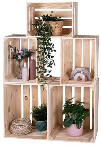 LAUBLUST 5er Set Vintage Holzkisten - Kisten in 2 Größen, 50x40x30cm / 40x30x25cm, Natur, Neu, Unbenutzt | Möbel-Kiste | Wein-Kiste | Obst-Kiste | Apfel-Kiste | Deko-Kiste aus Holz