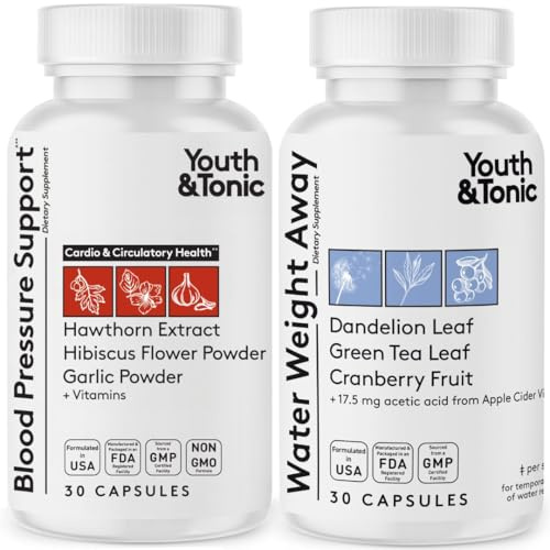 Youth & Tonic Daily Water Weight Away Pills and Blood Pressure Support Supplements/Natural Diuretics for Water Retention & BP Capsules to Maintain a Good Circulatory Health / 60 CPS for Women & Men