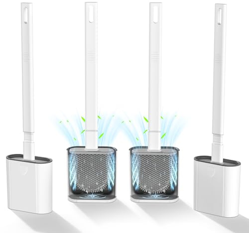 Toalettborstar, 4-pack toalettborste i silikon med hållare set med halkfritt långt plasthandtag och mjuka flexibla borstar, toalettborstar och hållare och bas för droppfri (vit)