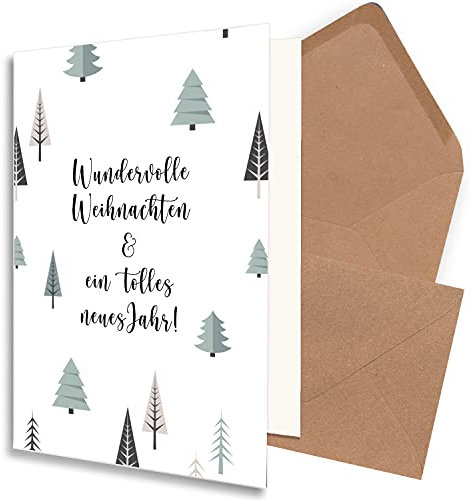 NEUSER PAPIER 50x nachhaltiges Weihnachtskarten-Set DIN A6 in Weiß mit Weihnachtsbäumen und Text - Faltkarten mit Umschlägen DIN C6 in Kraftpapier Rosa - Weihnachtsgrüße für Firmen und Privat