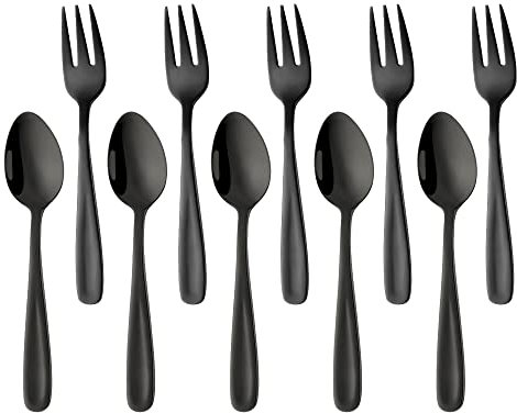 YDware Schwarz Klein Kuchengabeln Teelöffel Set 10 stück aus Rostfreiem Edelstahl 18/10 Espressolöffel Dessertgabeln Set, Obstgabeln Kaffeelöffel 136mm Läng, Wiederverwendbar