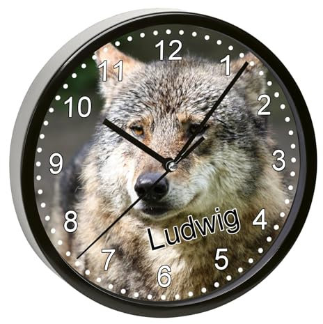 CreaDesign, Wanduhr für Kinderzimmer Wolf, Kinderuhr schwarz mit Quarz Uhrwerk, personalisiert mit Name, Durchmesser 19,5 cm