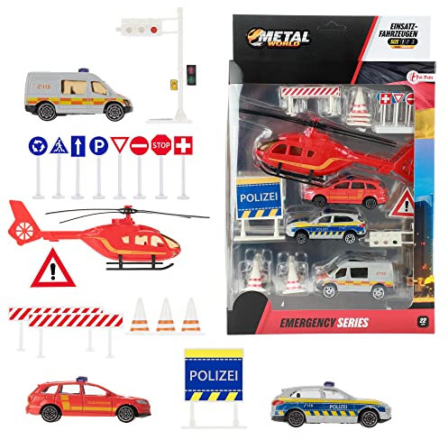 Toi-Toys Cars&Trucks Krankenwagen/Polizei/Feuerwehr Set - 22 Teile - Metall Spielzeug Autos + Hubschrauber - Für Kinder ab 3 Jahren
