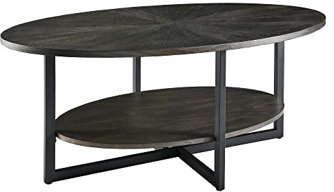 MODERION Ovaler Wohnzimmertisch, Couchtisch, Kaffetisch,Doppelschicht, Freizeittisch aus Massivholz, Minimalistischer natürlicher Stil, 110 x 66 x 45.5 cm (Schwarz)