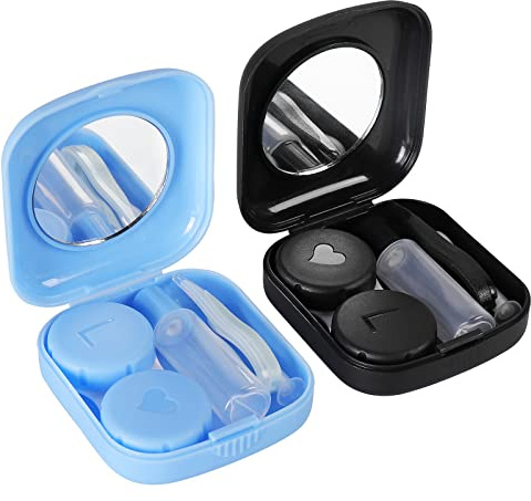 JIASI&JIESY 2 PCS Contact Lens Cases, Beauty Lens Case, Travel Contact Lens Case with Mirror Tweezers Applicator and Solution Bottle, Portable Square Contact Lens Case, for Daily Travel, Work