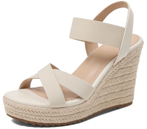 mikarka Women's Open Toe Espadrilles Wedge Sandal Slip On Elastic Ankle Strap Platform Sandals Dressy Comfortable Wedges Shoe Nude Size 8