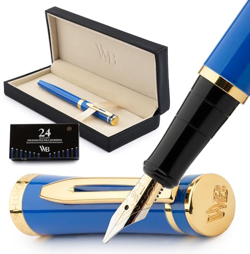 Wordsworth & Black Füller Set Edel, Kalligraphie, Luxus, Feder B, Blau | Füllfederhalter, Fountain Pen, Geschenk für Männer & Frauen, 18K Deutsches Iridium, Hochwertig, Konverter + 24 Tintenpatronen