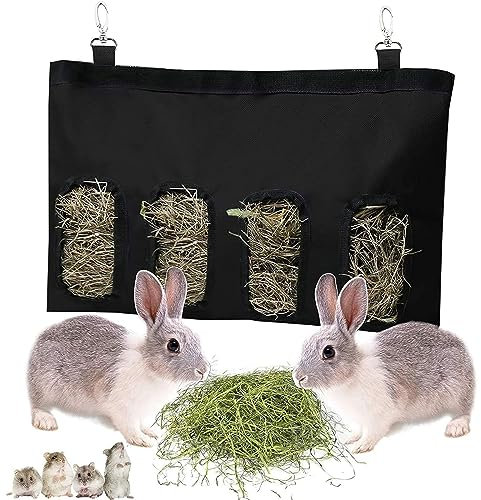 Kaninchen Futterspender Stoffbeutel, Meerschweinchen Heu Futterspender, Hase Futterspender Sack, Hängender Futtersack, Heutasche für Hase, Chinchilla, Hamster und Kleine Tiere (4 Öffnungen, Schwarz)