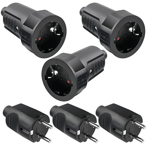 3 Paar Schuko Stecker Kupplung, 250V 16A IP44 Schutzkontakt Stecker, Gummi Schukokupplung Set mit Knickschutz, 2-polig, Aussen Wasserdicht Schwarz Schukostecker und Gummikupplung ohne Kabel