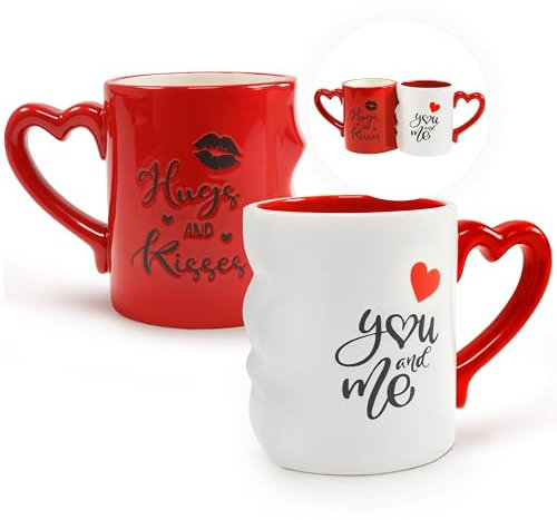Fluffy Dreams Set di tazze da caffè che baciano, in confezione regalo, tazza con scritta You and Me, in rosso/bianco, regalo romantico per San Valentino, matrimonio, coppie, amici, circa 330 ml