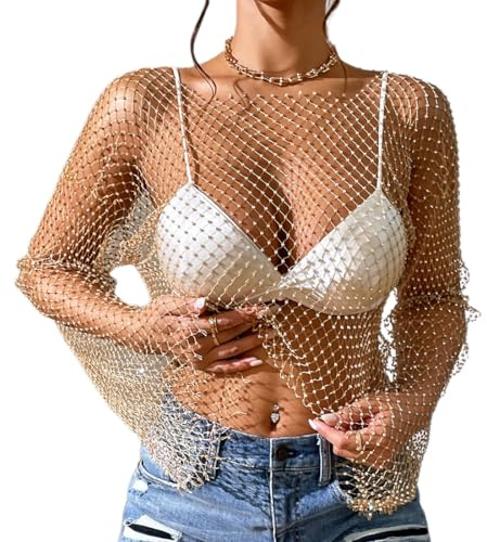 ABAFIP Top Corto da Donna con Strass Scintillanti, a Maniche Lunghe, in Rete, per Bikini, Camicie a Rete, Oro, L