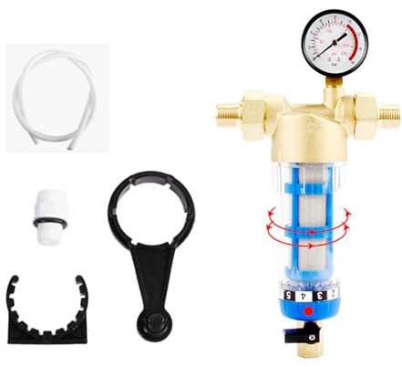 Filtro Dell'acqua con Manometro, Filtro Controlavaggio Rubinetto Filtro Anticalcare da 1 Pollice con Filtro a Setaccio Autopulente Attacco Domestico Filtro Dell'acqua Domestico in Ottone