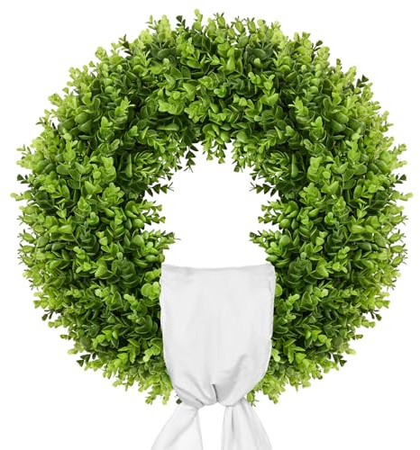 Vlorart 20 Boxwood Wreath for Front Door with Sash & Plaid Bow, Full Lush Artificial Greenery Wreath for Spring Summer Farmhouse Wall, Window & Wedding Decor