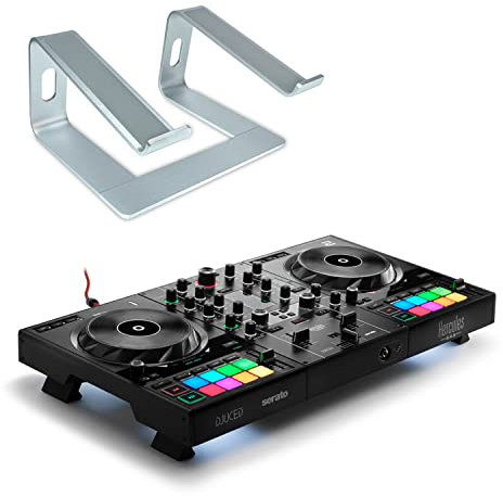 Hercules DJControl Inpulse 500 - Controlador de DJ de 2 cubiertas y soporte para portátil keepdrum, color plateado
