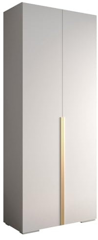 MEBLE KRYSPOL Inova 1 Moderner Schrank mit Regalen und Stange - Aufbewahrungsschrank für Schlafzimmer, Wohnzimmer - 236,7x100x47 cm - KGoldpusfarbe Weiß - Frontfarbe Weiß - Grifffarbe Gold